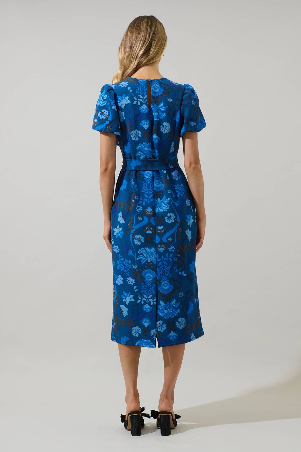 Palmate Floral  Puff Sleeve Midi Dress