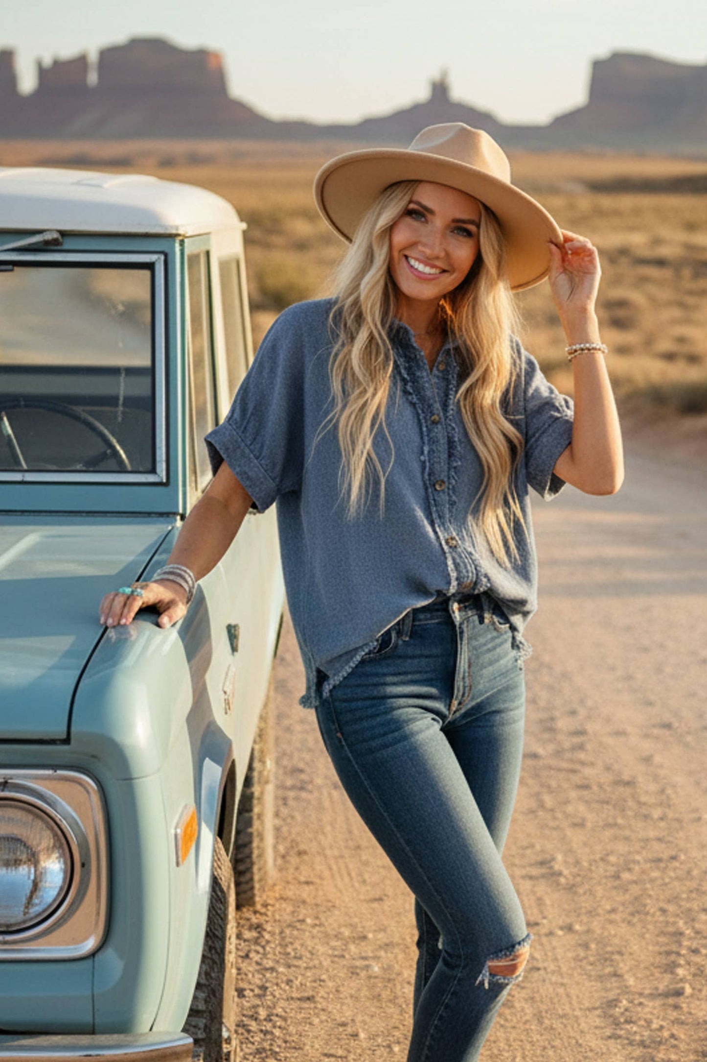 Denim Frayed Trim  Button Top
