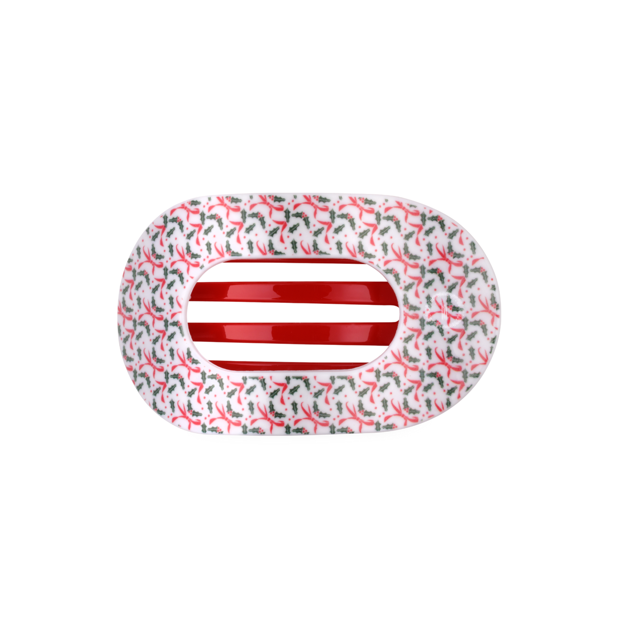 TELETIES Festive Feels holly print medium flat round hair clip, top view