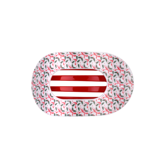 TELETIES Festive Feels holly print medium flat round hair clip, top view