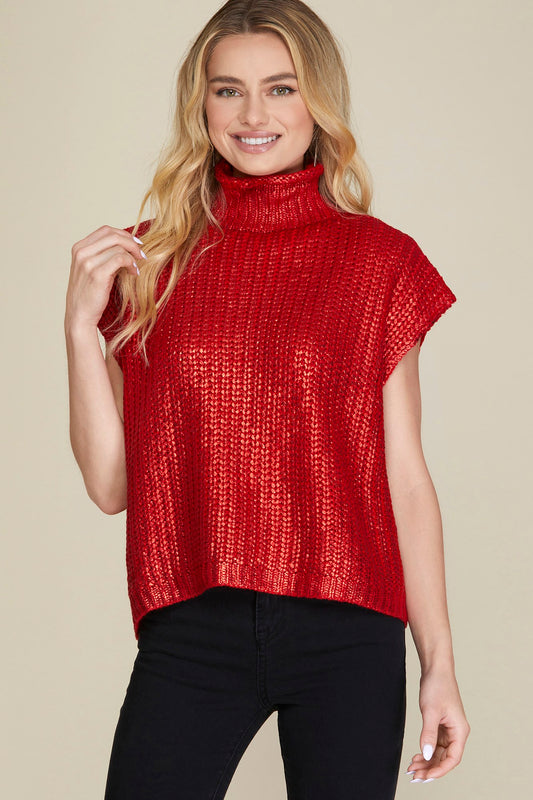 Red Metallic Sleeveless Mock Neck Sweater