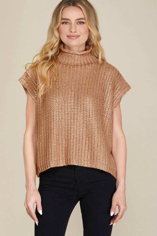 Gold Metallic Sleeveless Mock Neck Sweater