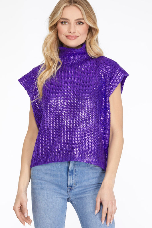 Purple Metallic Sleeveless Mock Neck Sweater