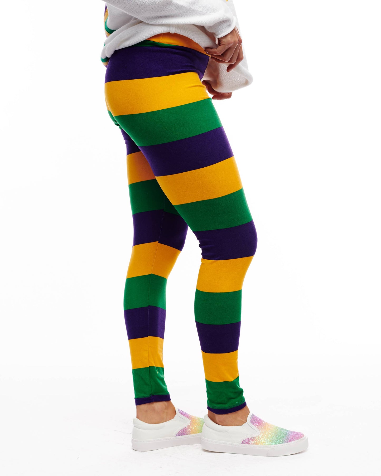Traditional Mardi Gras striped leggings ADULT