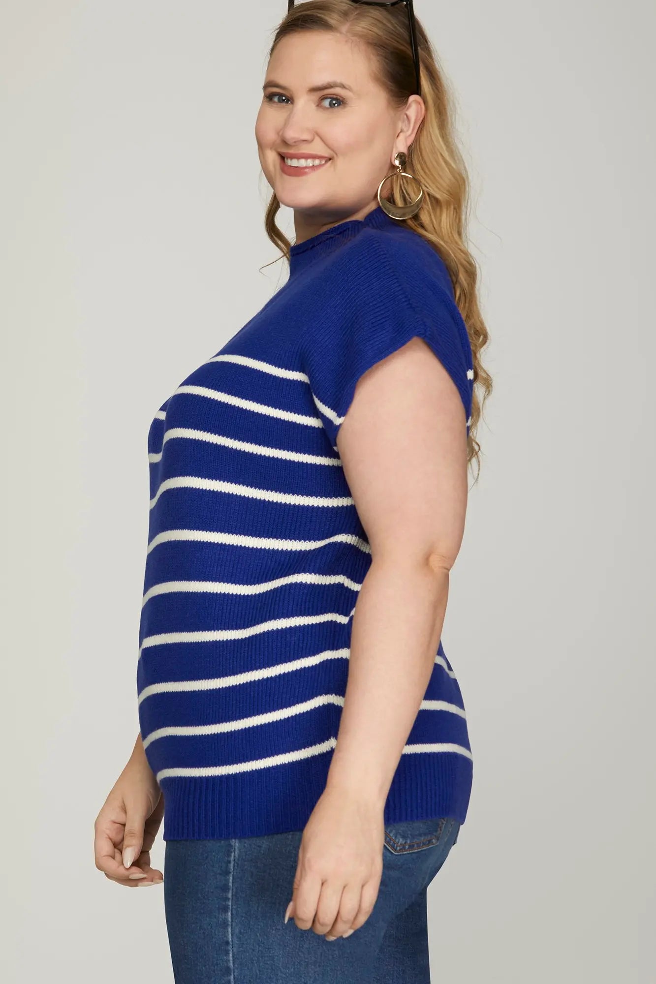 Royal Blue Striped Mock Sweater - the Curvy