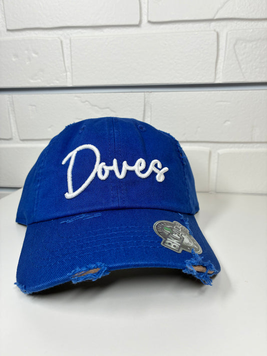 Doves Royal Blue Distressed Puff Embroidery Hat