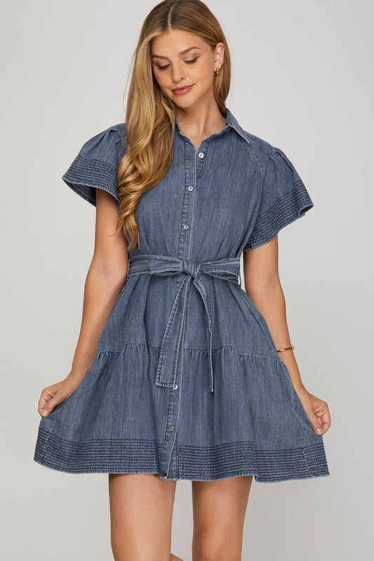 Flounce Sleeve Button Down Denim Dress