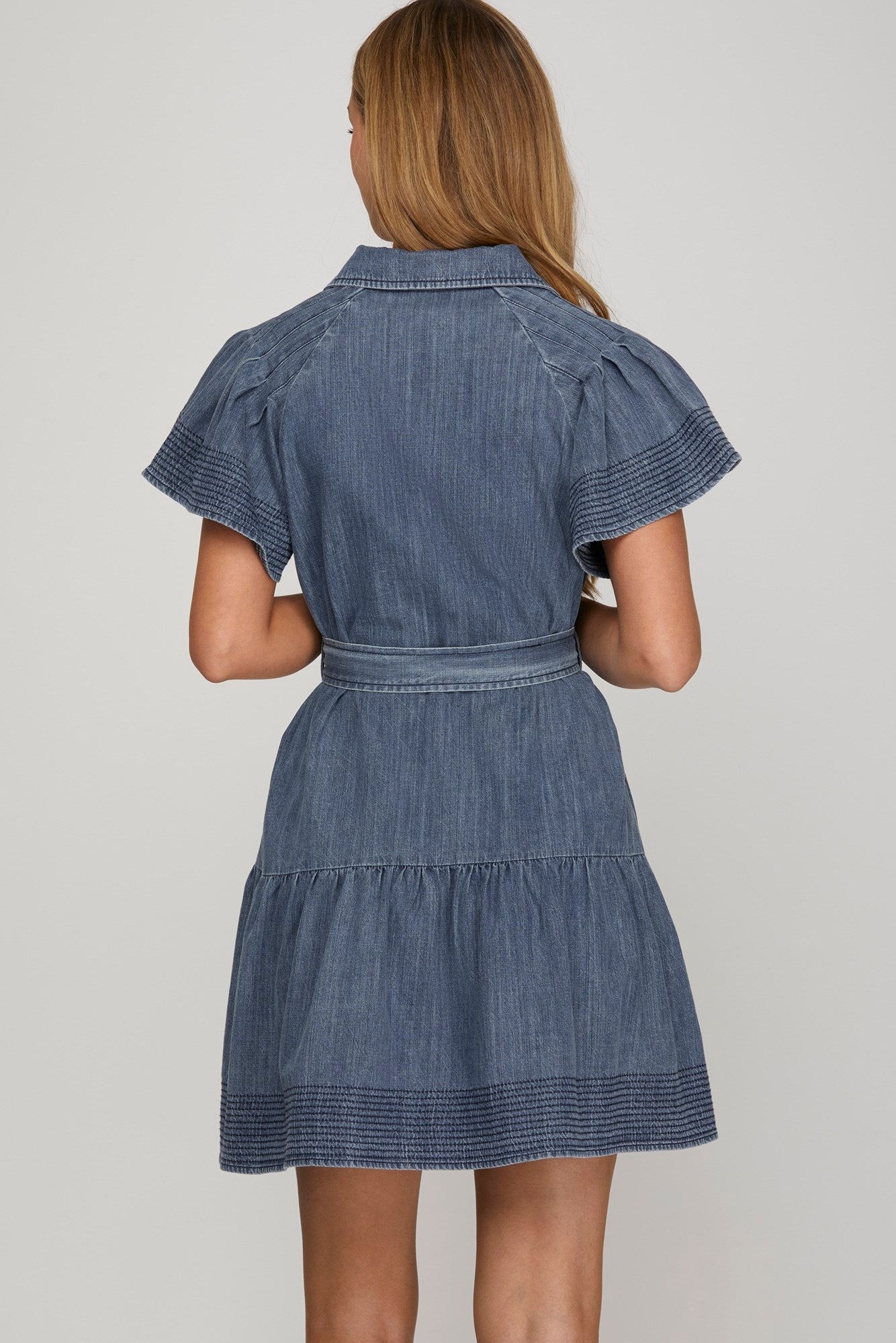 Flounce Sleeve Button Down Denim Dress
