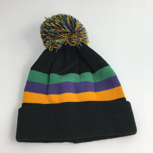Mardi Gras striped black beanie w/pompom