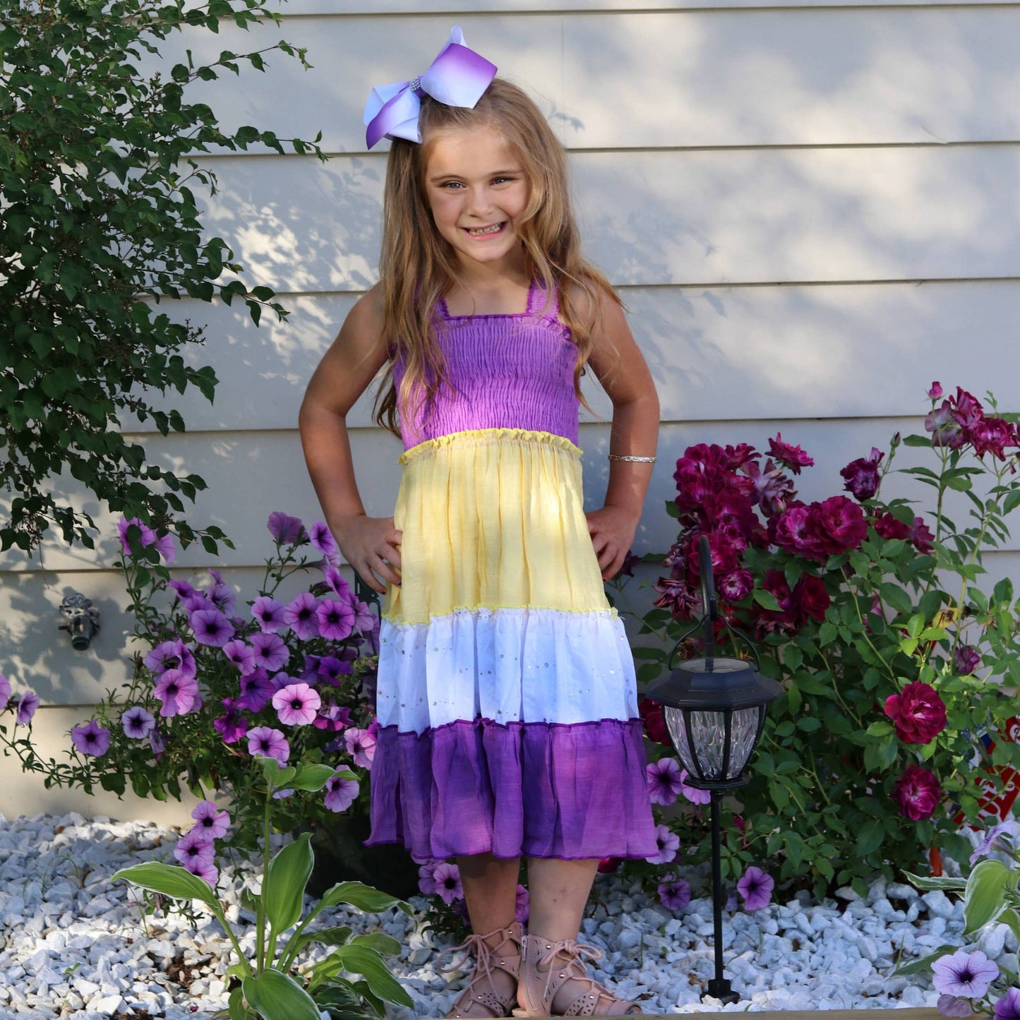 Girls Soft Cotton Purple and Yellow Game Day Midi Dress