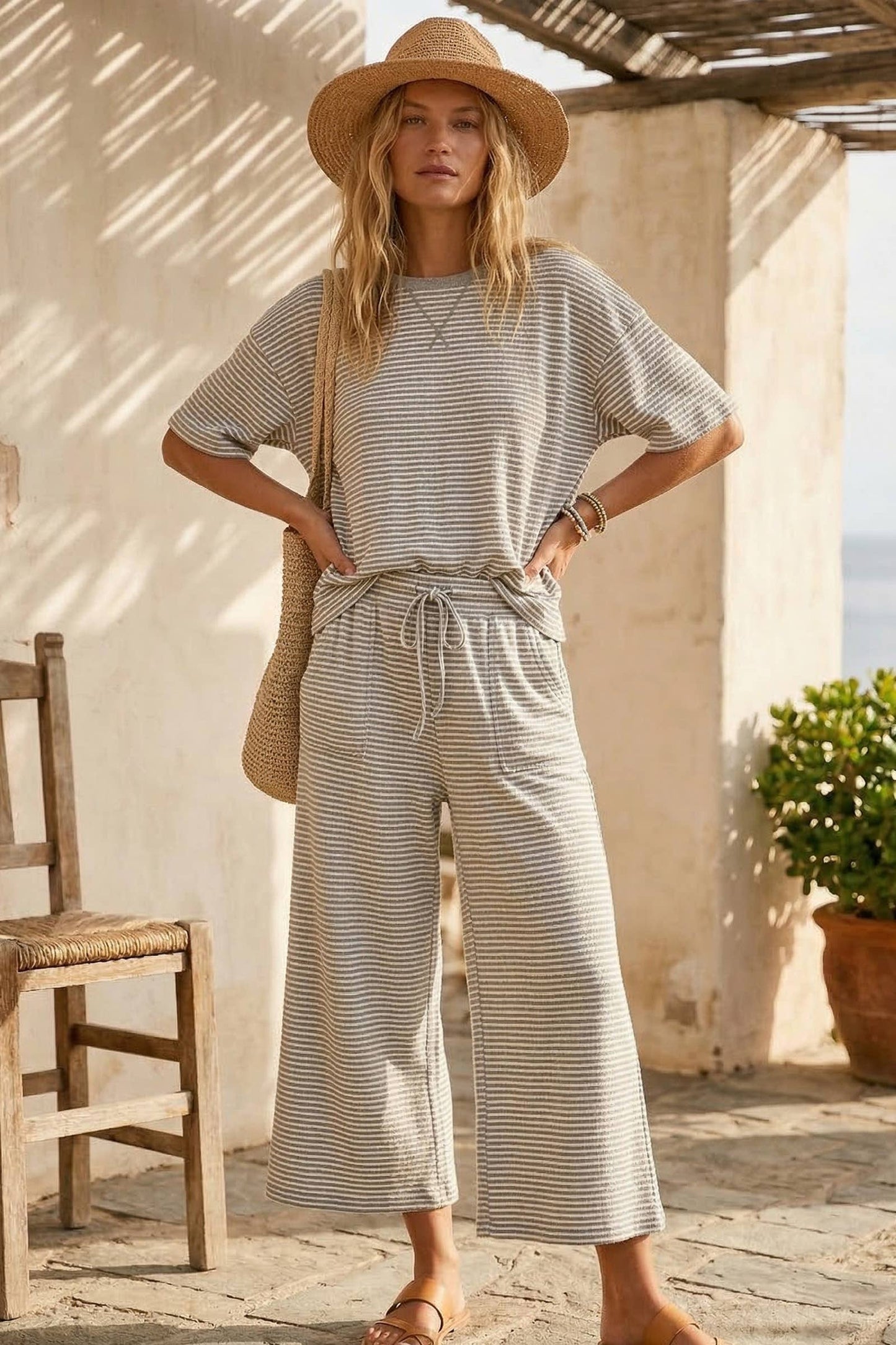Bria Grey Striped Knit Top and Pants Set