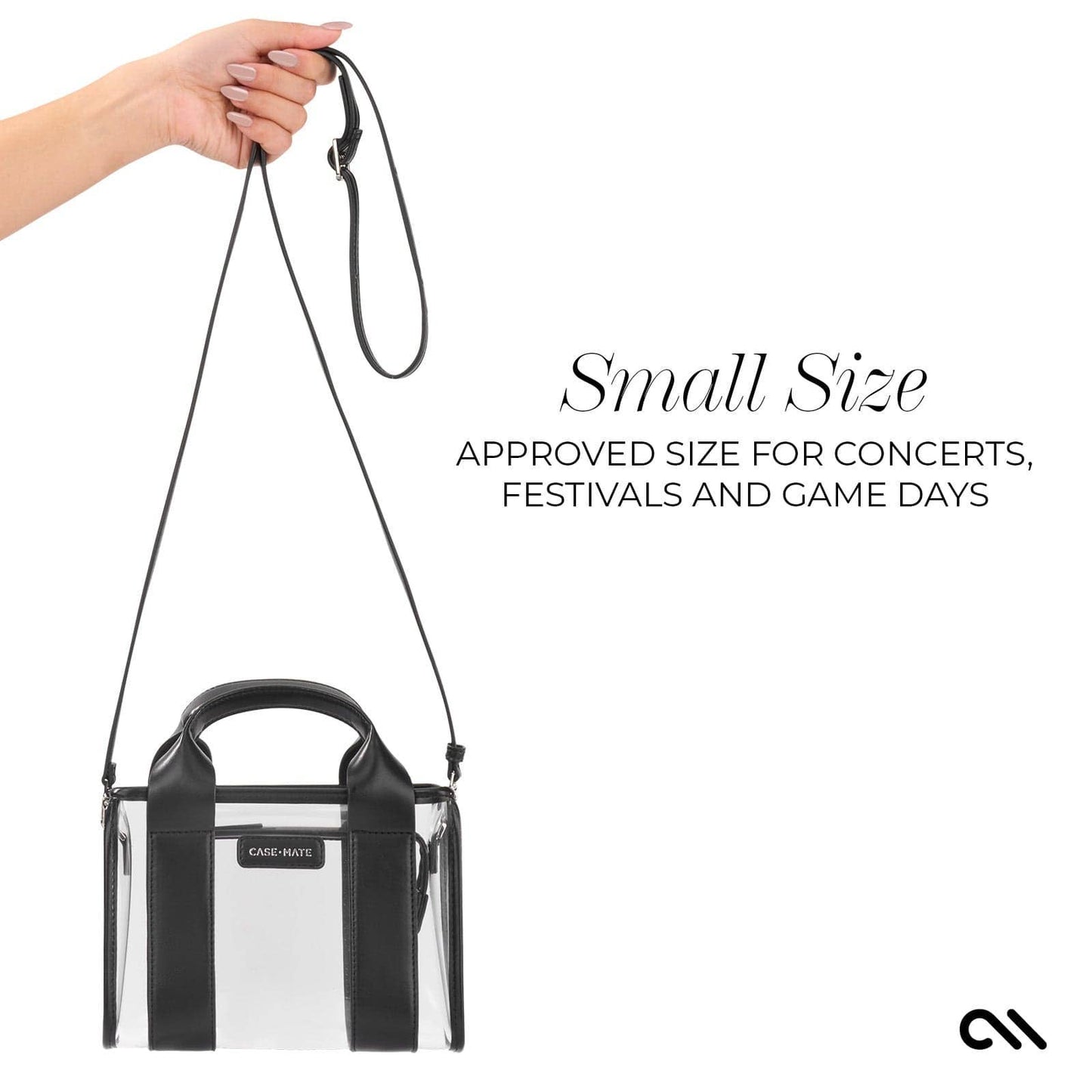 Clear handbag with black handle and strap, labeled 'Small Size' for concerts, festivals, and game days.