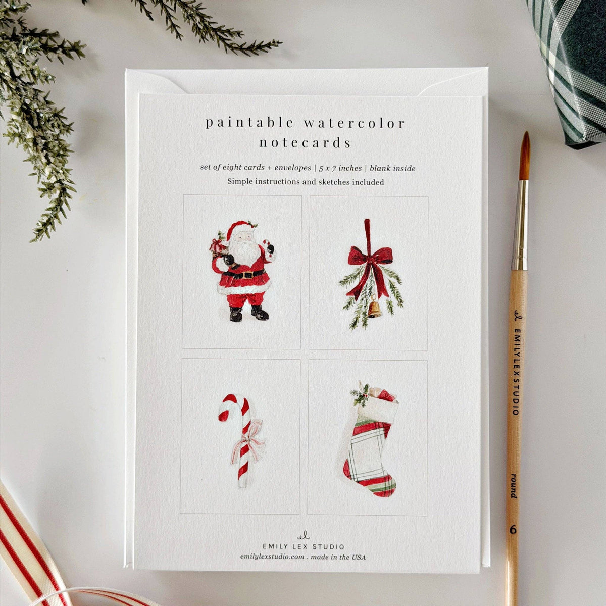 Classic Christmas paintable notecard set box with Santa, bow, candy cane, and stocking