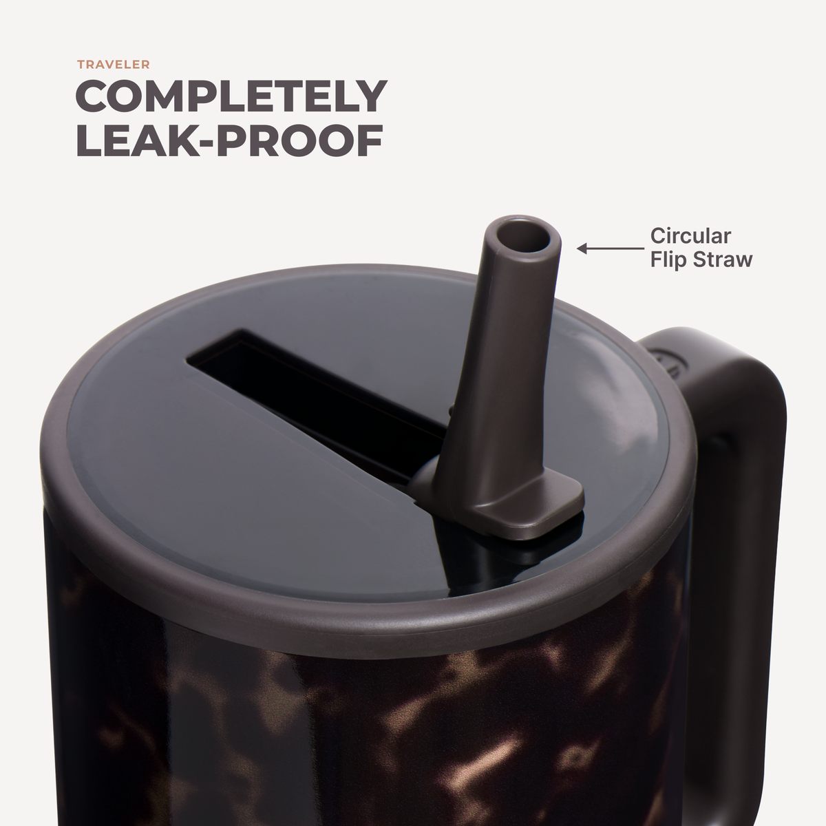 Mocha Tortoise HydroJug lid with raised circular flip straw and a callout highlighting the leak-proof design