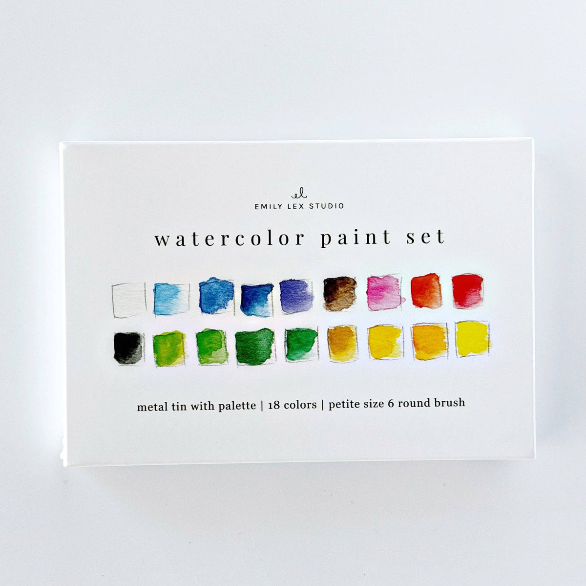 18 color swatches from the watercolor paint set