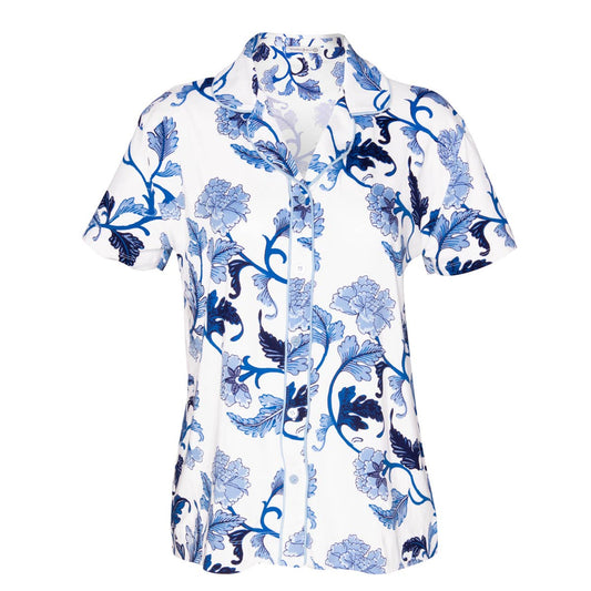 Blu Acanthus Leaf Pajama Set (Button up Shirt and Shorts)