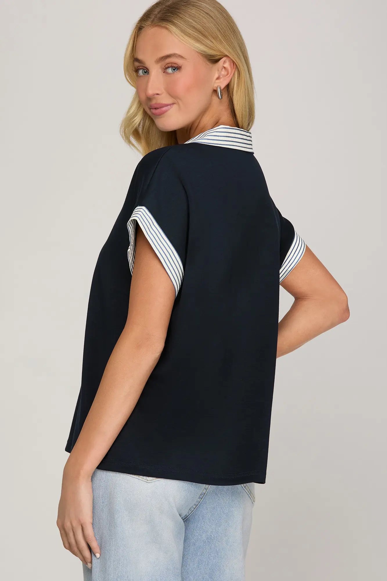 Navy Collared Knit Top