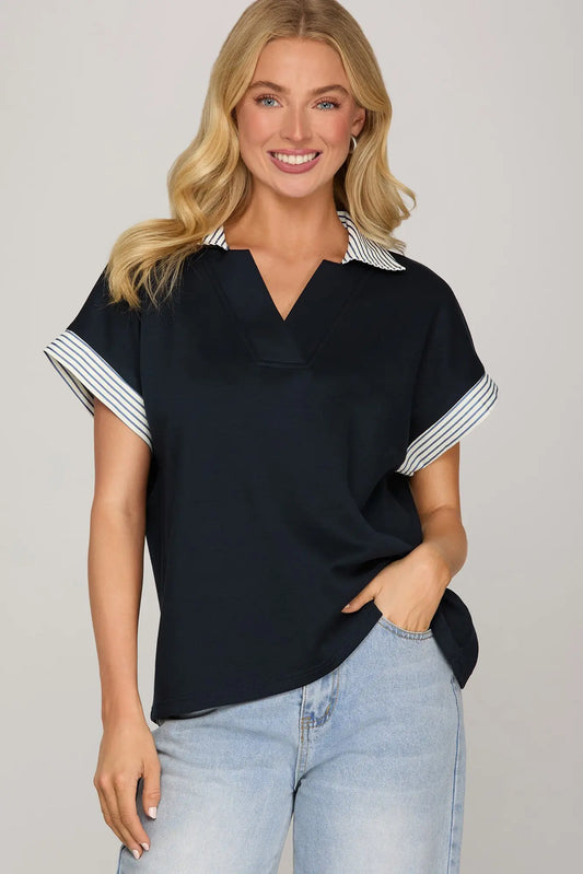 Navy Collared Knit Top