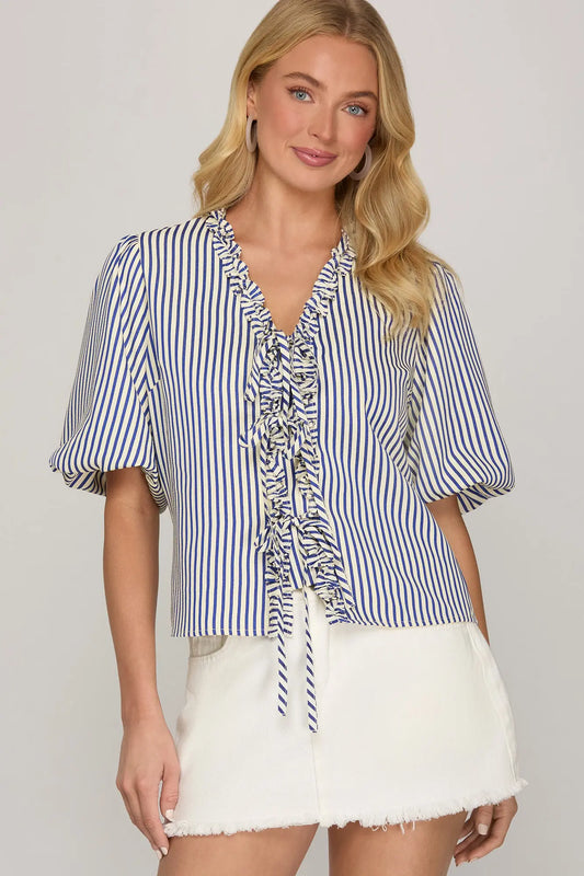 Margot Navy Stripe Ruffle Tie Top