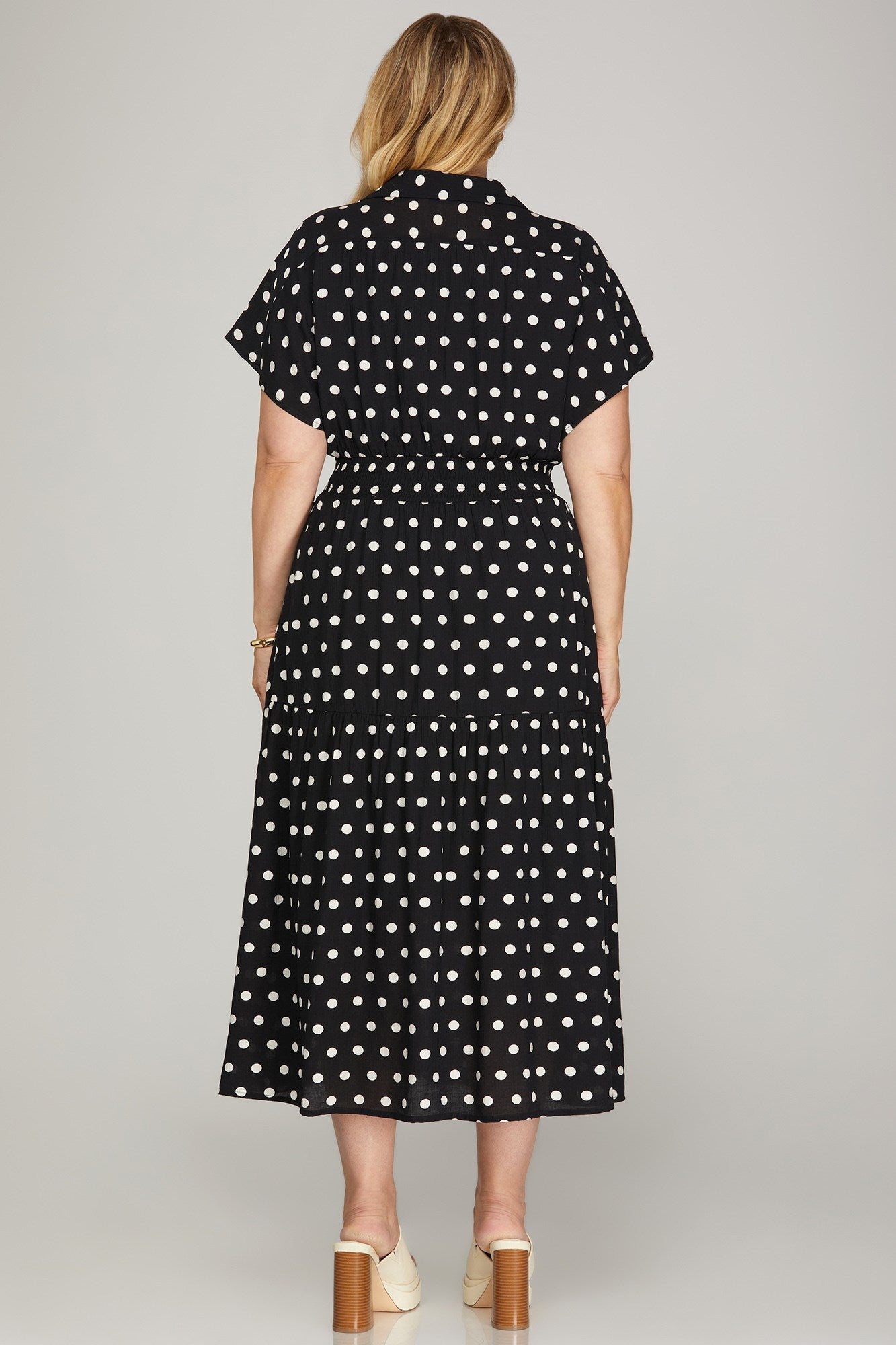 Audrey Polka Dot Smocked Waist Dress -Peacock Curves
