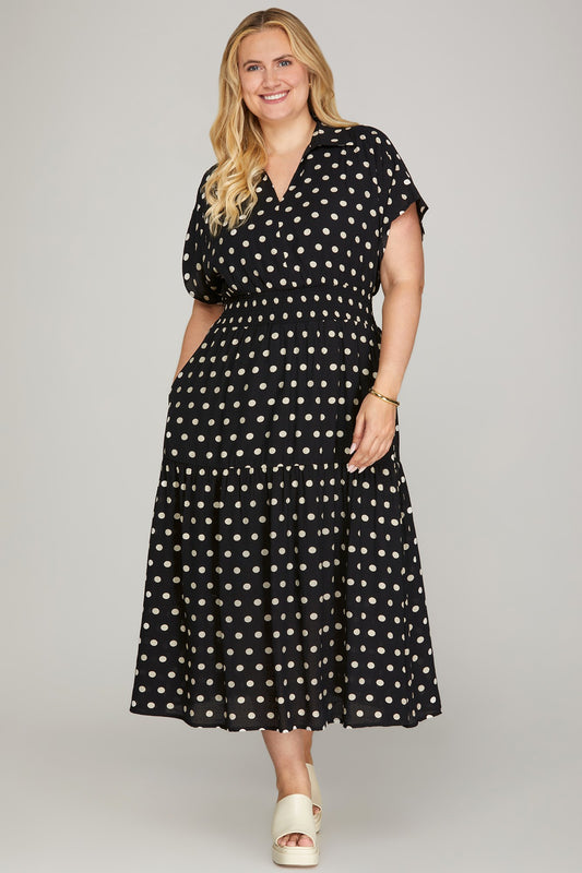 Audrey Polka Dot Smocked Waist Dress -Peacock Curves