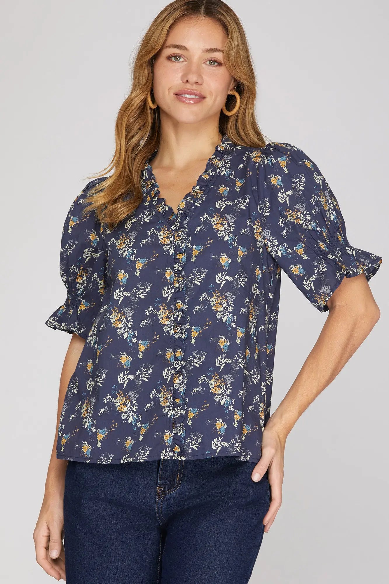 Navy Floral Printed Top