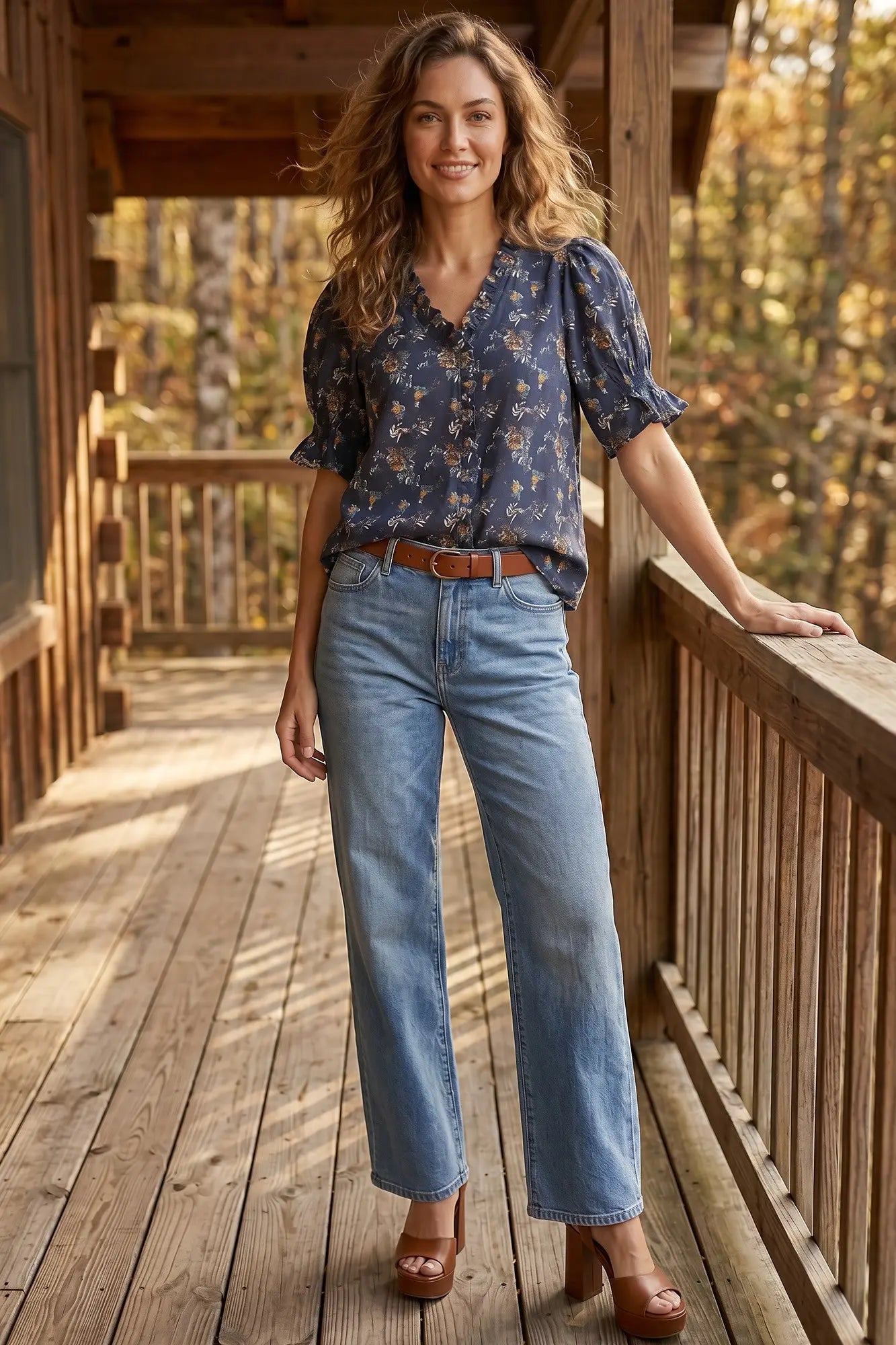 Woman standing on a wooden deck wearing a blue floral blouse and jeans.