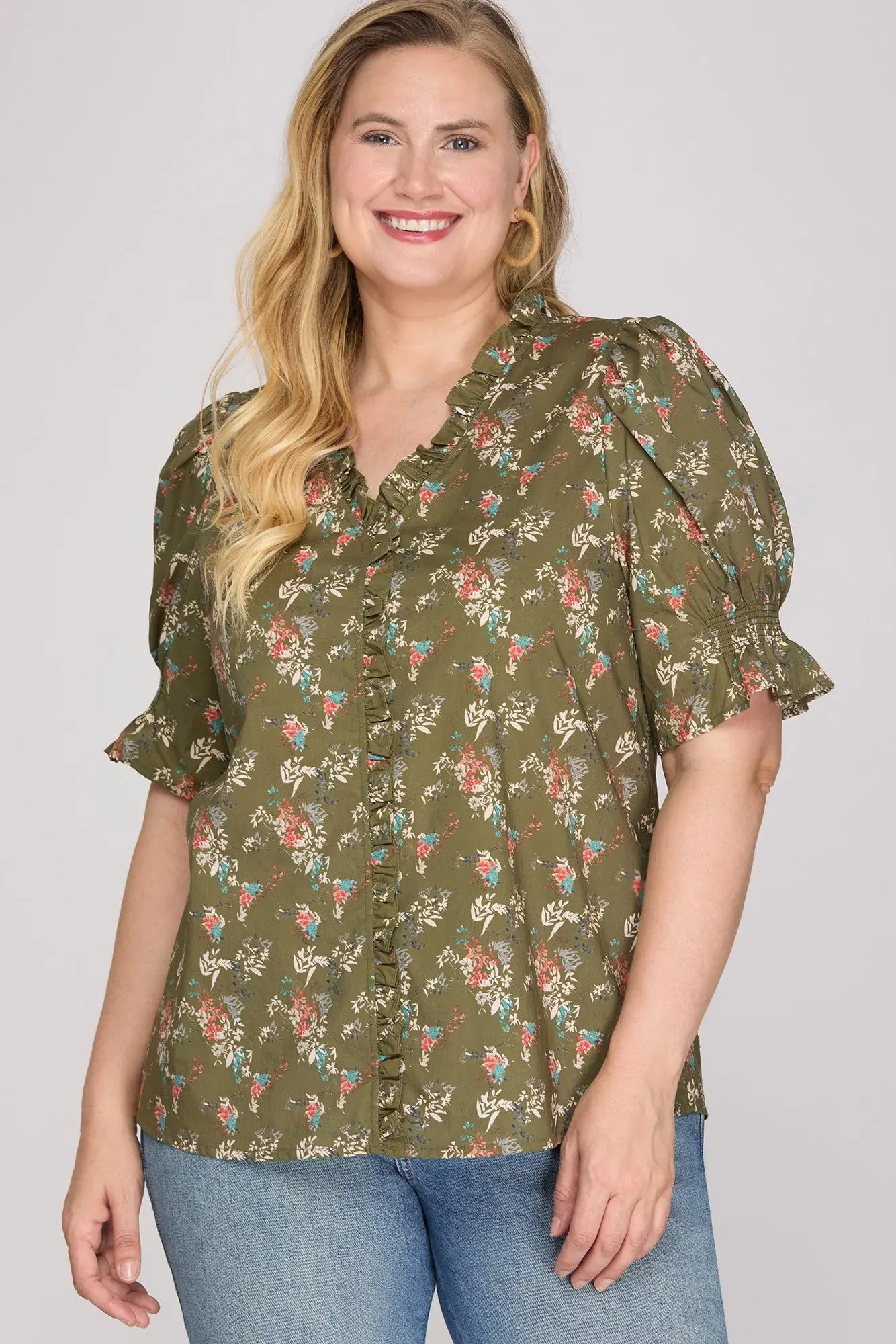 Olive Floral Printed Top - Curves