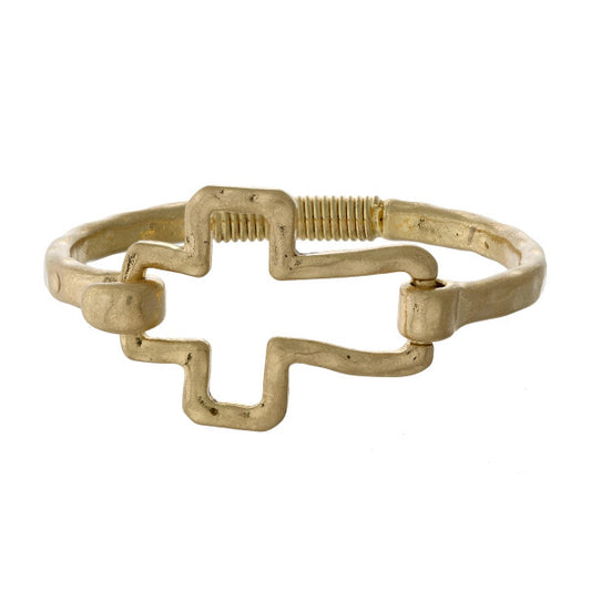 Gold Hammered Metal Open Cross Bracelet