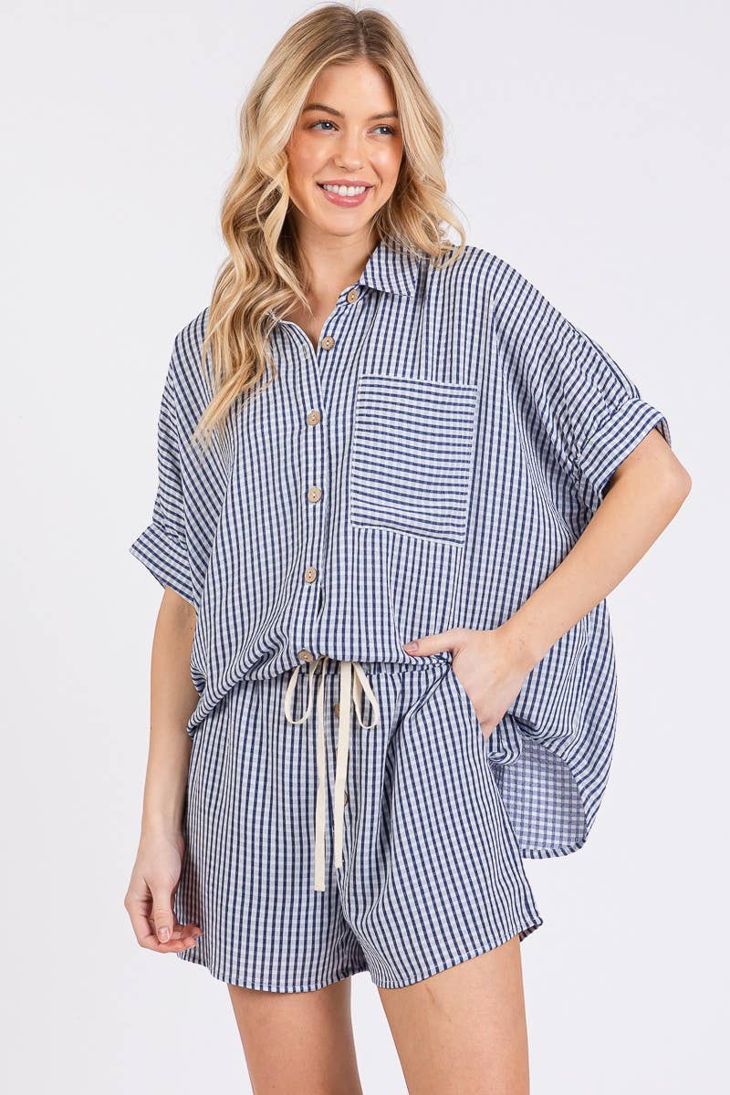 Navy Check Button Down Shorts Set