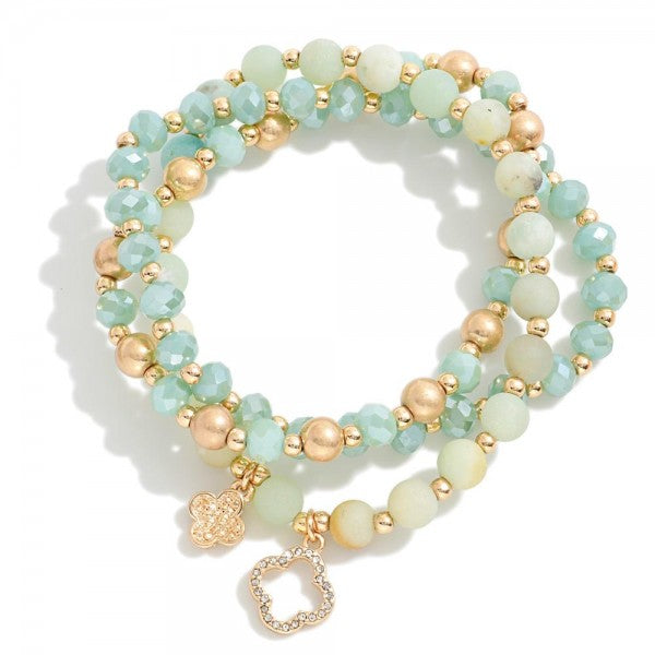 Set of Four Beaded Stretch Bracelets Featuring Clover Charms