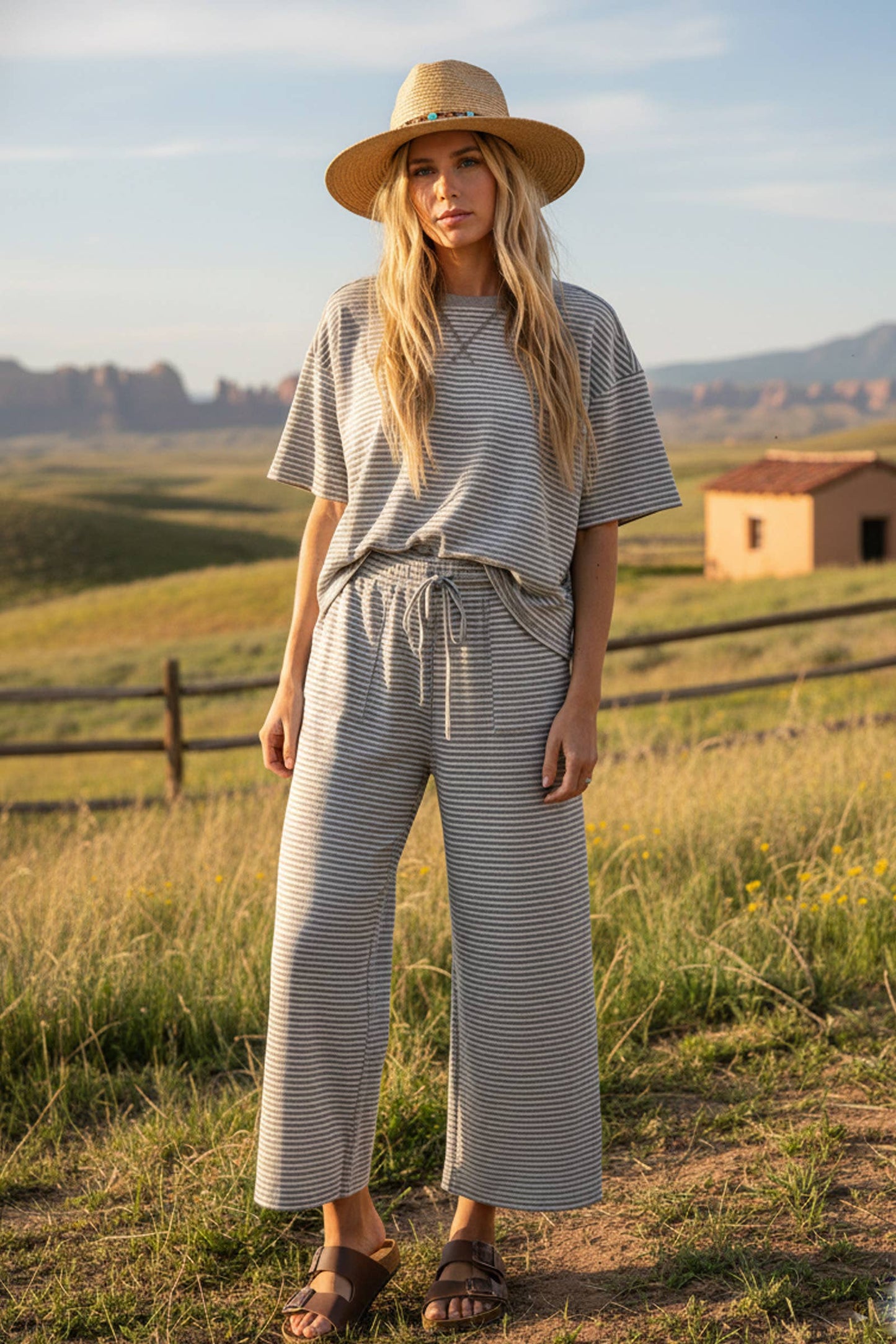Bria Grey Striped Knit Top and Pants Set