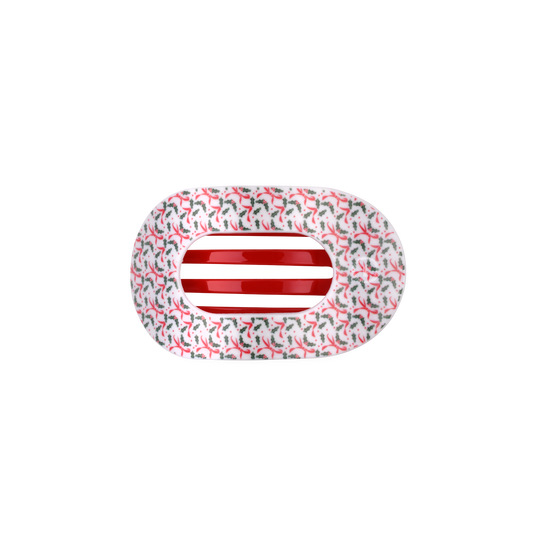 TELETIES Festive Feels holly print small flat round hair clip, top view