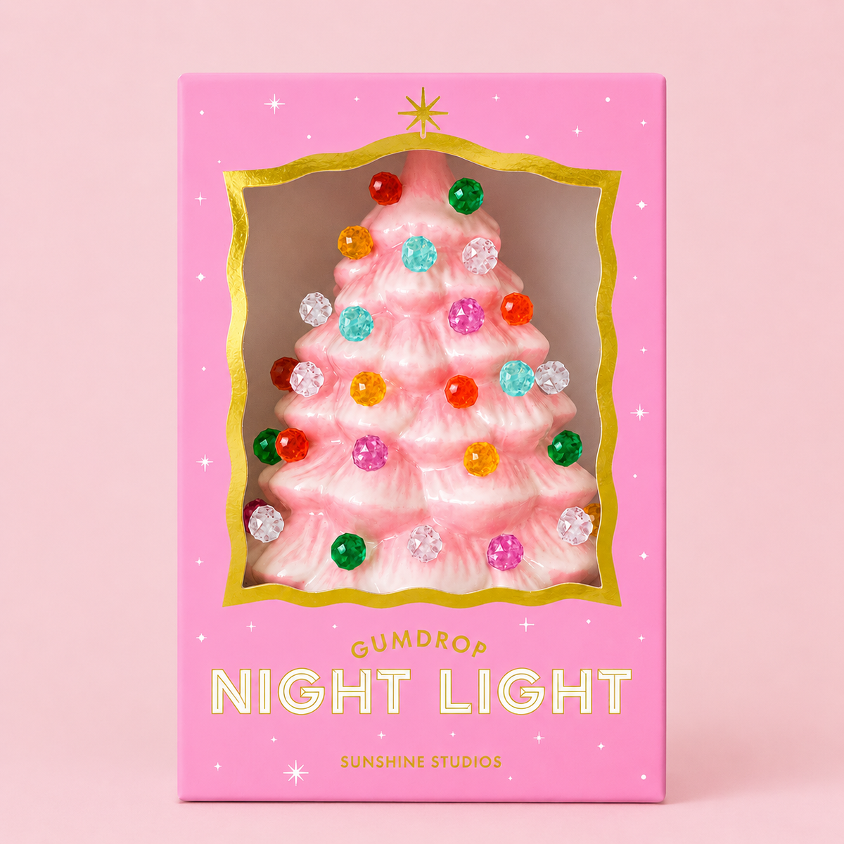 Pink ceramic vintage Christmas tree night light with multicolor gumdrop bulbs in pink and gold gift box