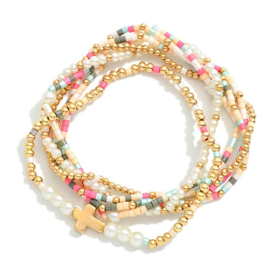 Set of 6 Bead, Pearl and Gold Beaded Stretch Bracelet w Cross Charm