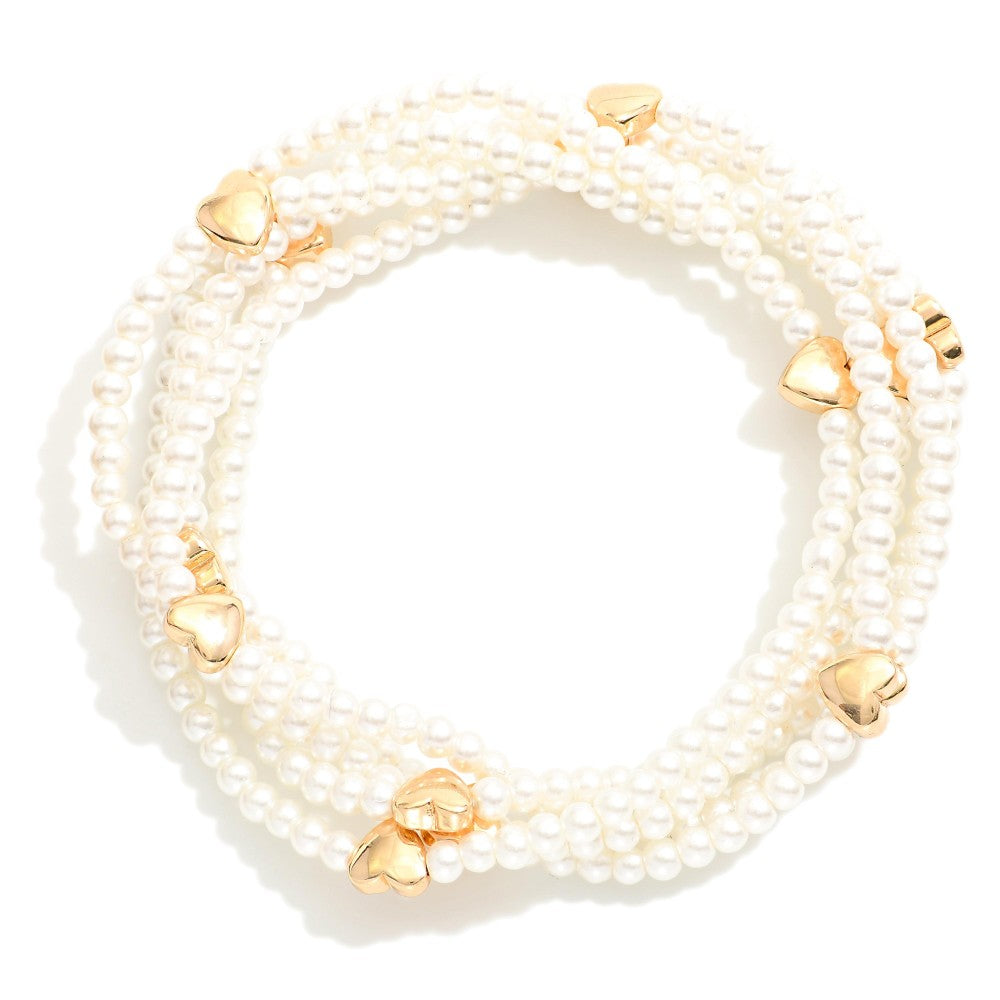Pearl with Gold Tone Heart Bead Bracelets -Set of 5