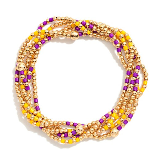 Set of 5 Purple and Gold Stretch Bracelets w Heishi Beads