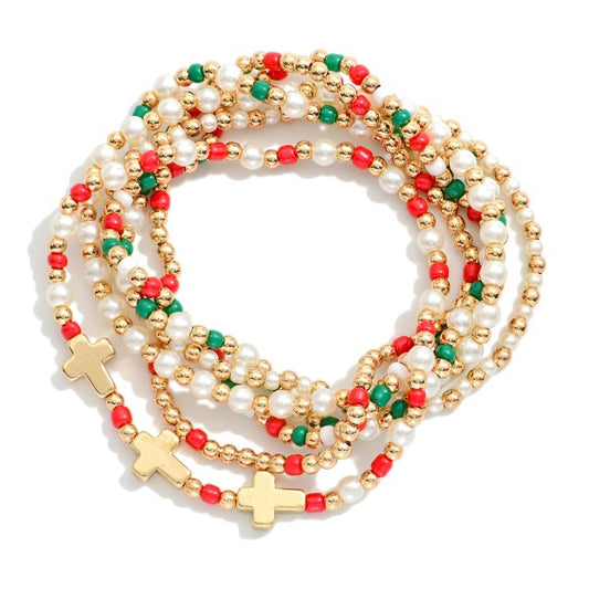 Christmas Beaded Stretch Bracelets Set of Six