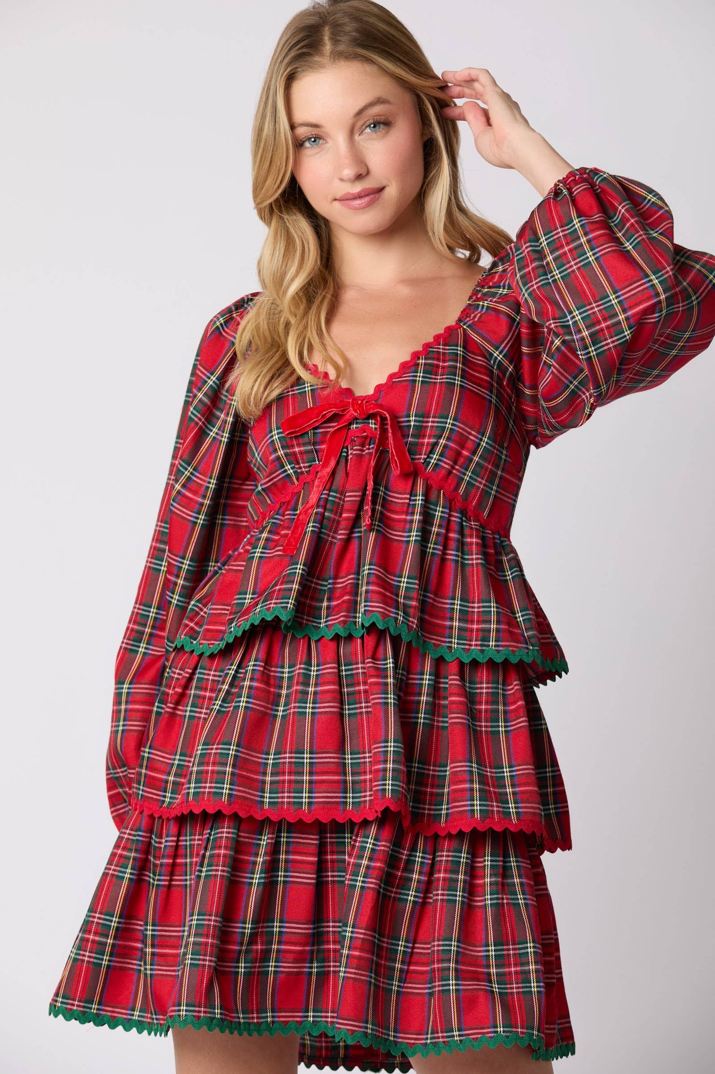 Christmas Plaid Long Sleeve Tiered Dress