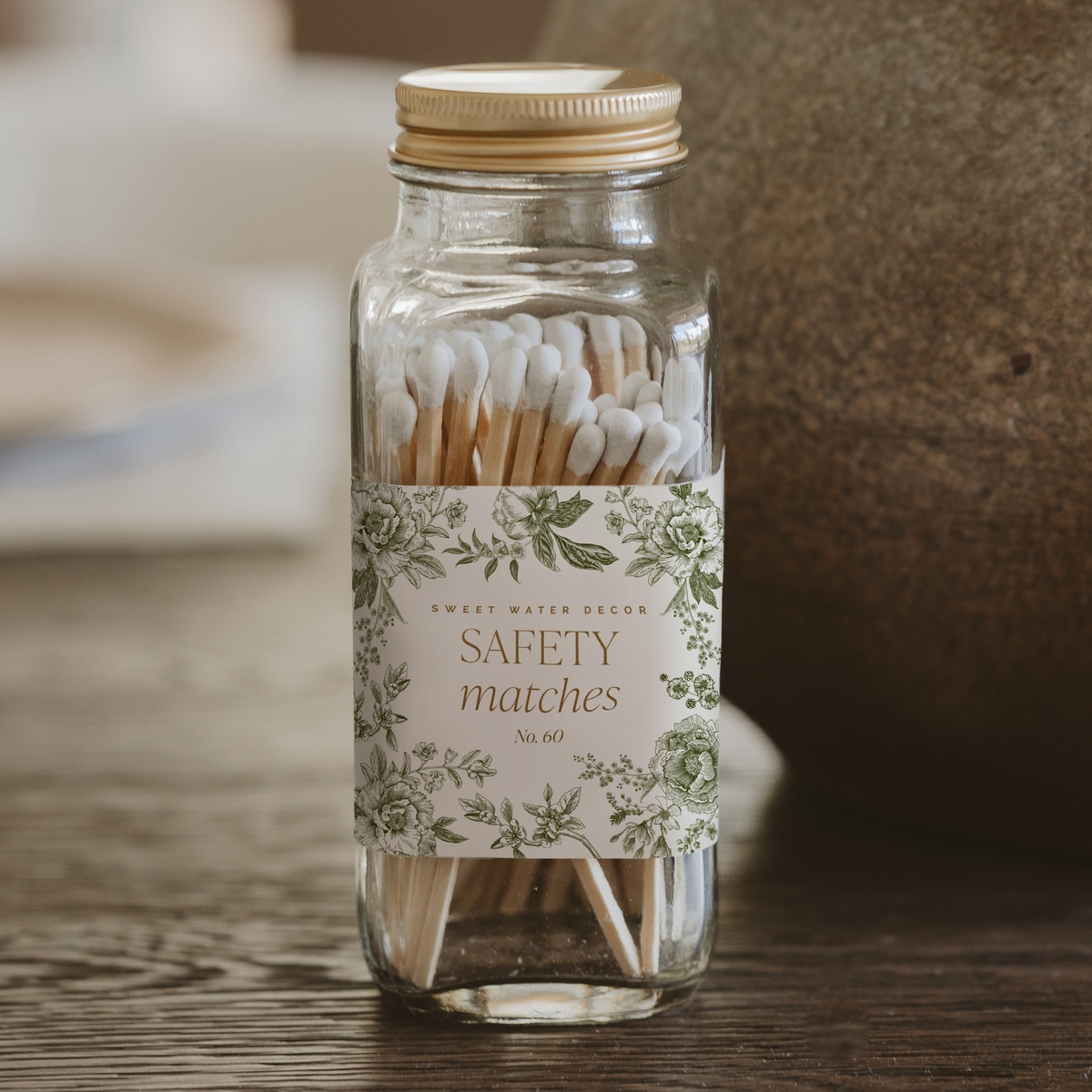 Green Delft label safety matches jar, close-up