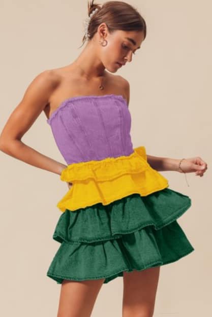 MARDI GRAS STRAPLESS RUFFLE LAYERED CHEER UP DRESS