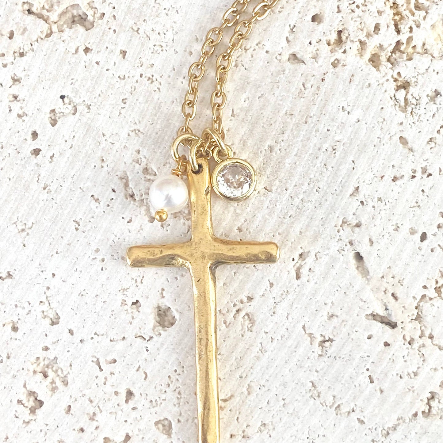 Cross necklace religious jewelry rustic pearl non tarnishing