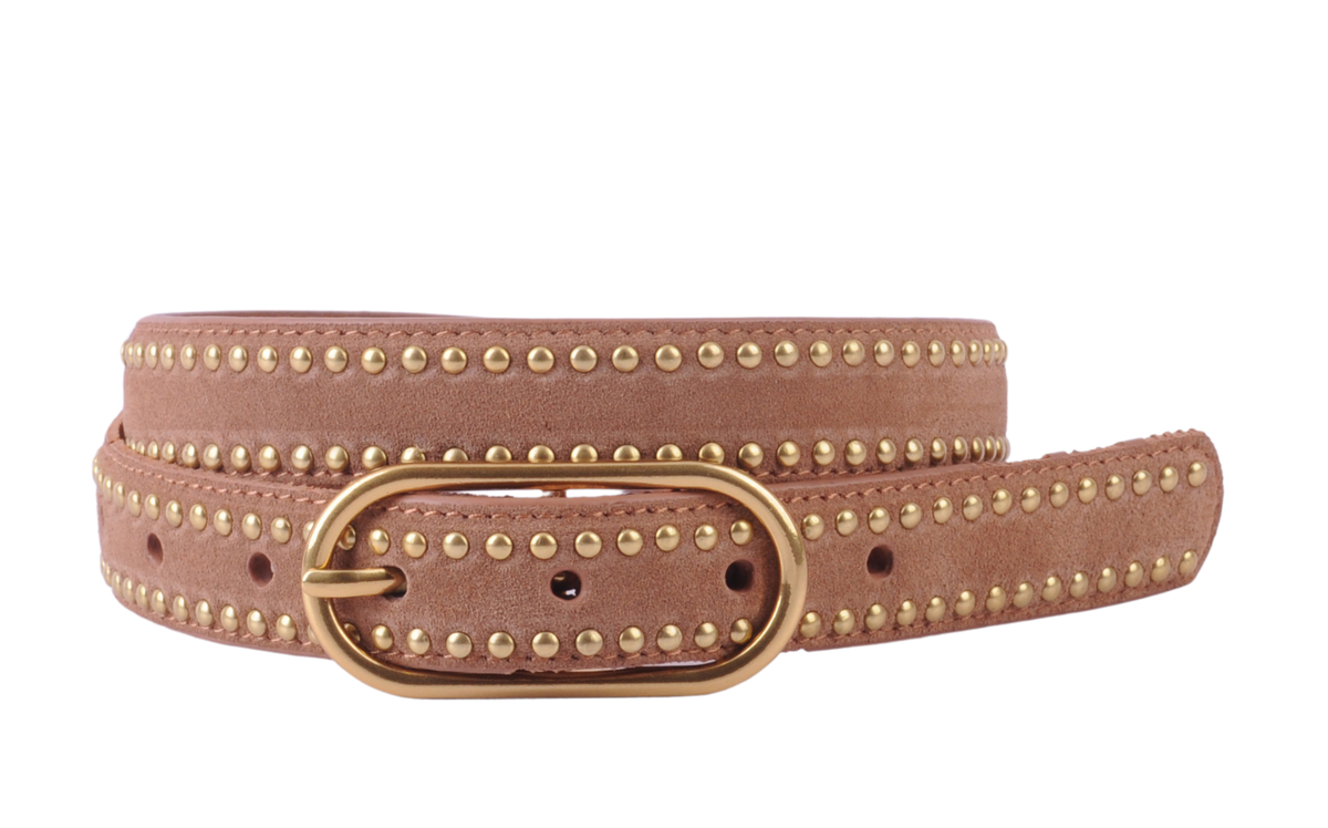A light brown suede belt with gold-tone metal studs and a matching gold-tone oval buckle, coiled on a white background.