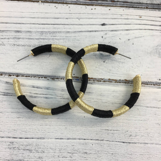 Black and gold threaded hoop earrings