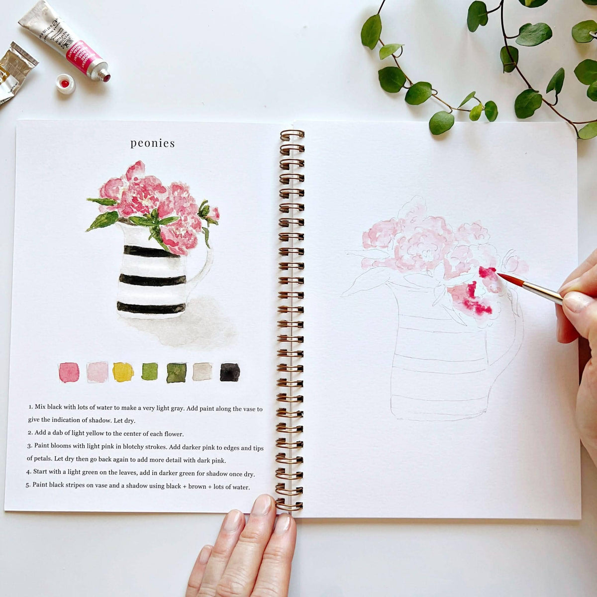 Painting peonies in a striped pitcher