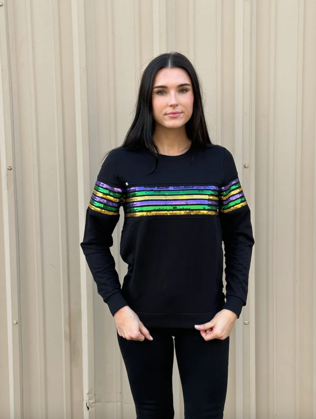 French Terry Adult Sequin Stripes Pullover - Black