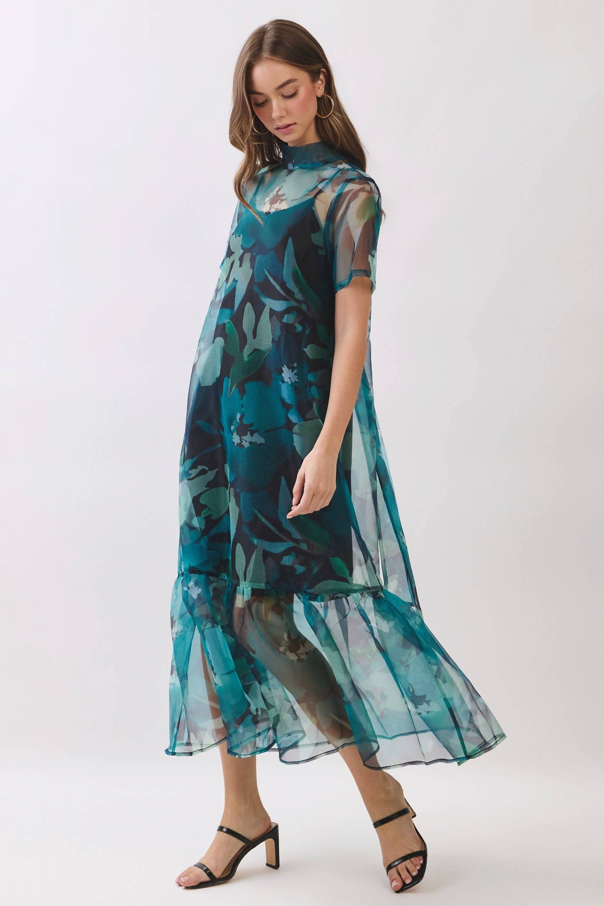 teal floral sheer overlay midi dress 