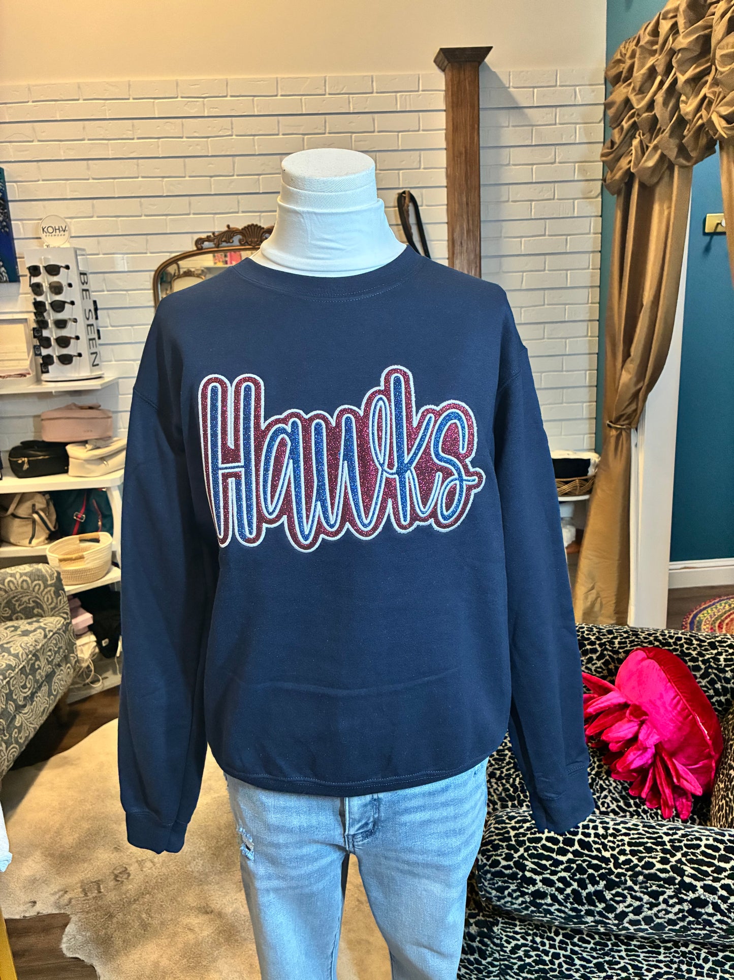 Navy Hawks Embroidery Glitter Crewneck