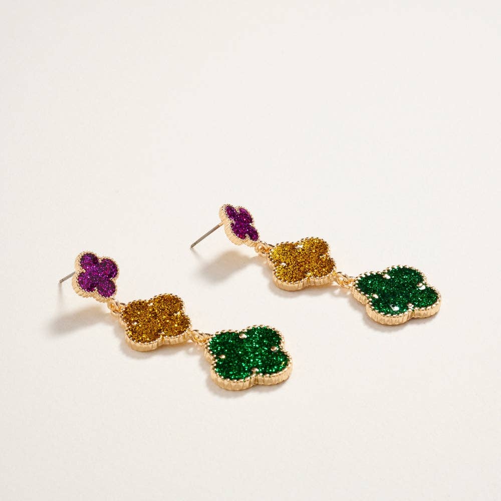 Glitter Mardi Gras Clover Link Drop Post Earrings