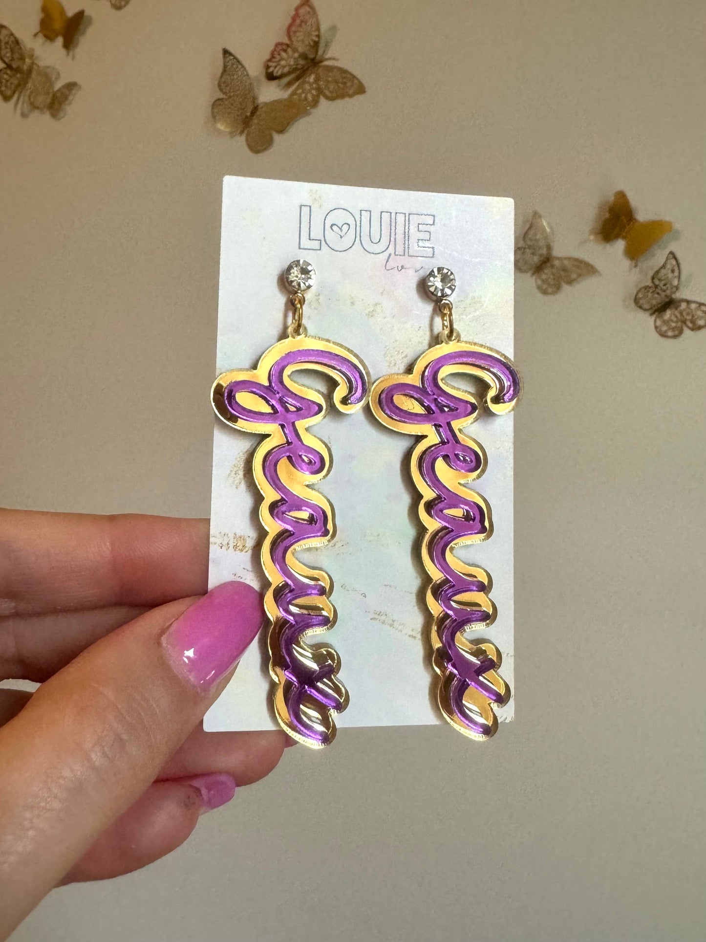 Gold Acrylic Geaux Louisiana State LSU Tigers Earrings